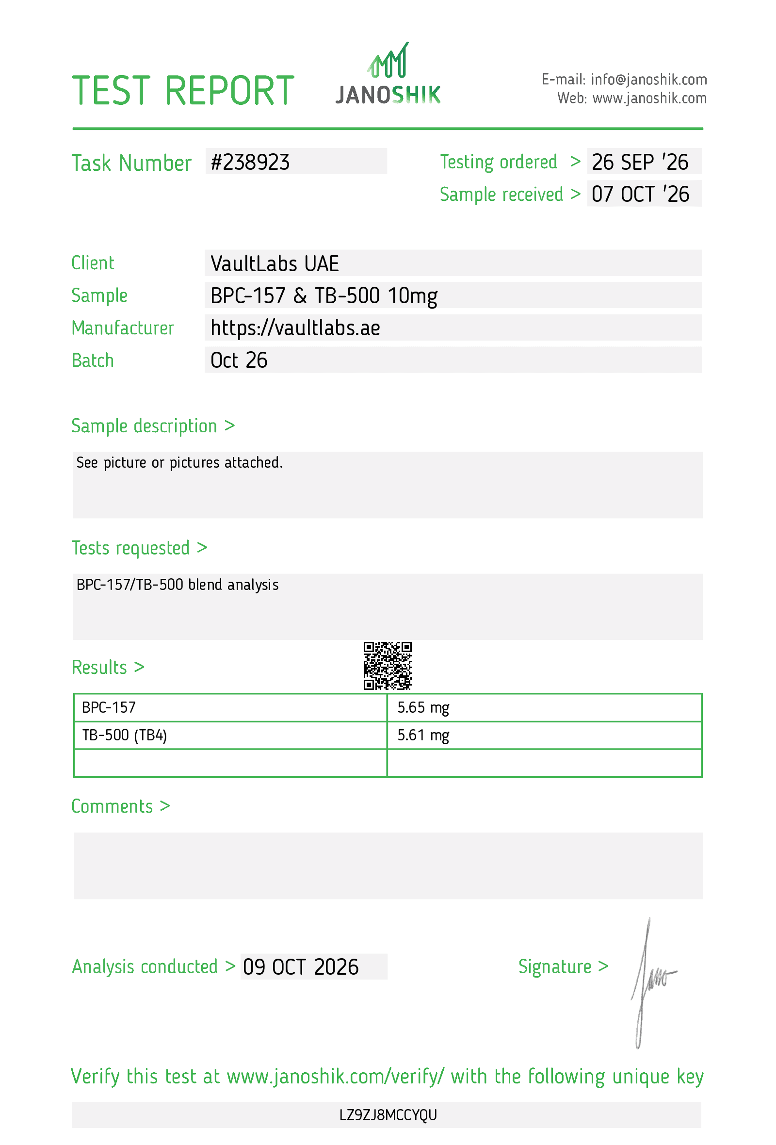 Janoshik Analytical test report 238923 for Wolverine 10mg