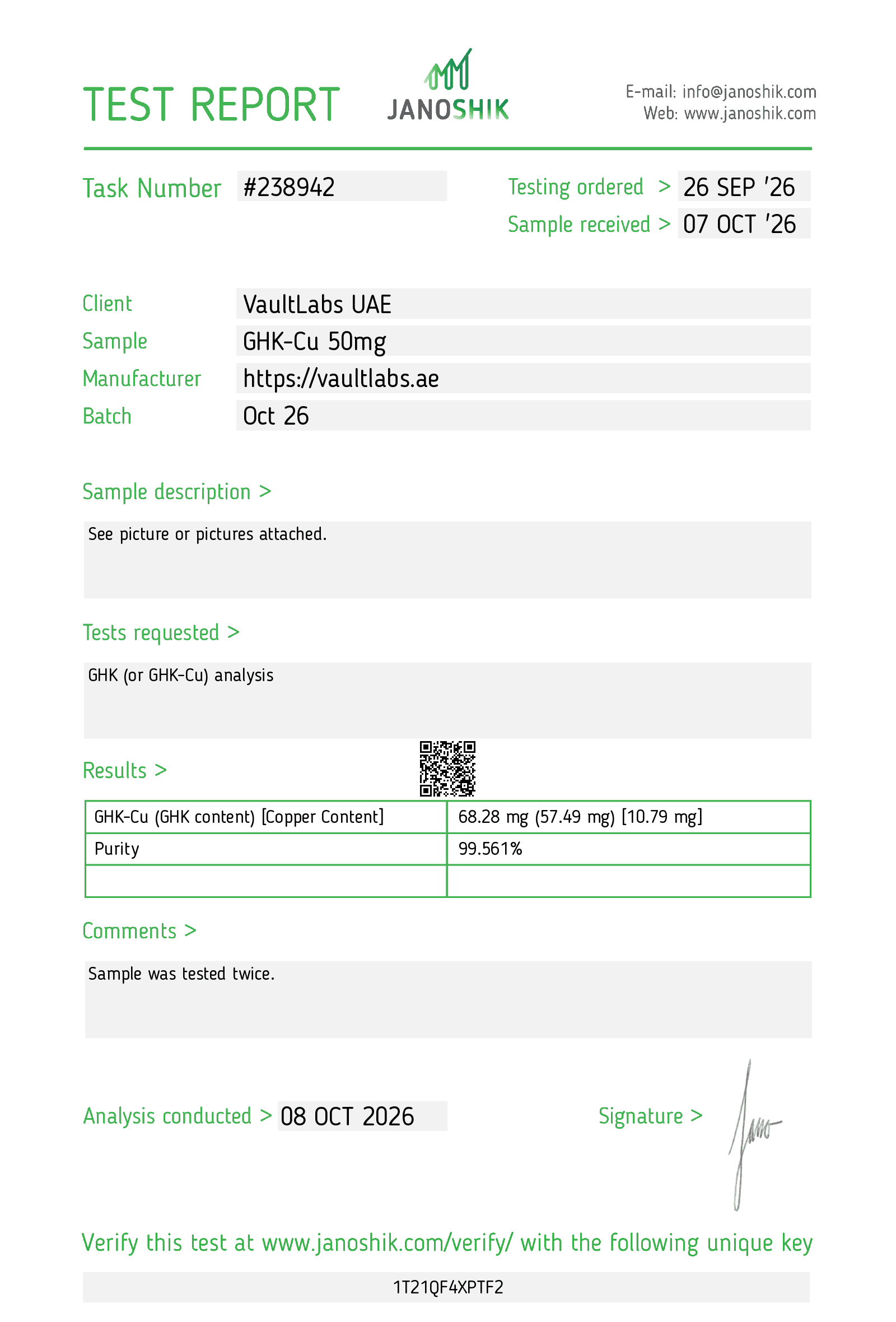 Janoshik Analytical test report 238942 for GHK-Cu 50mg