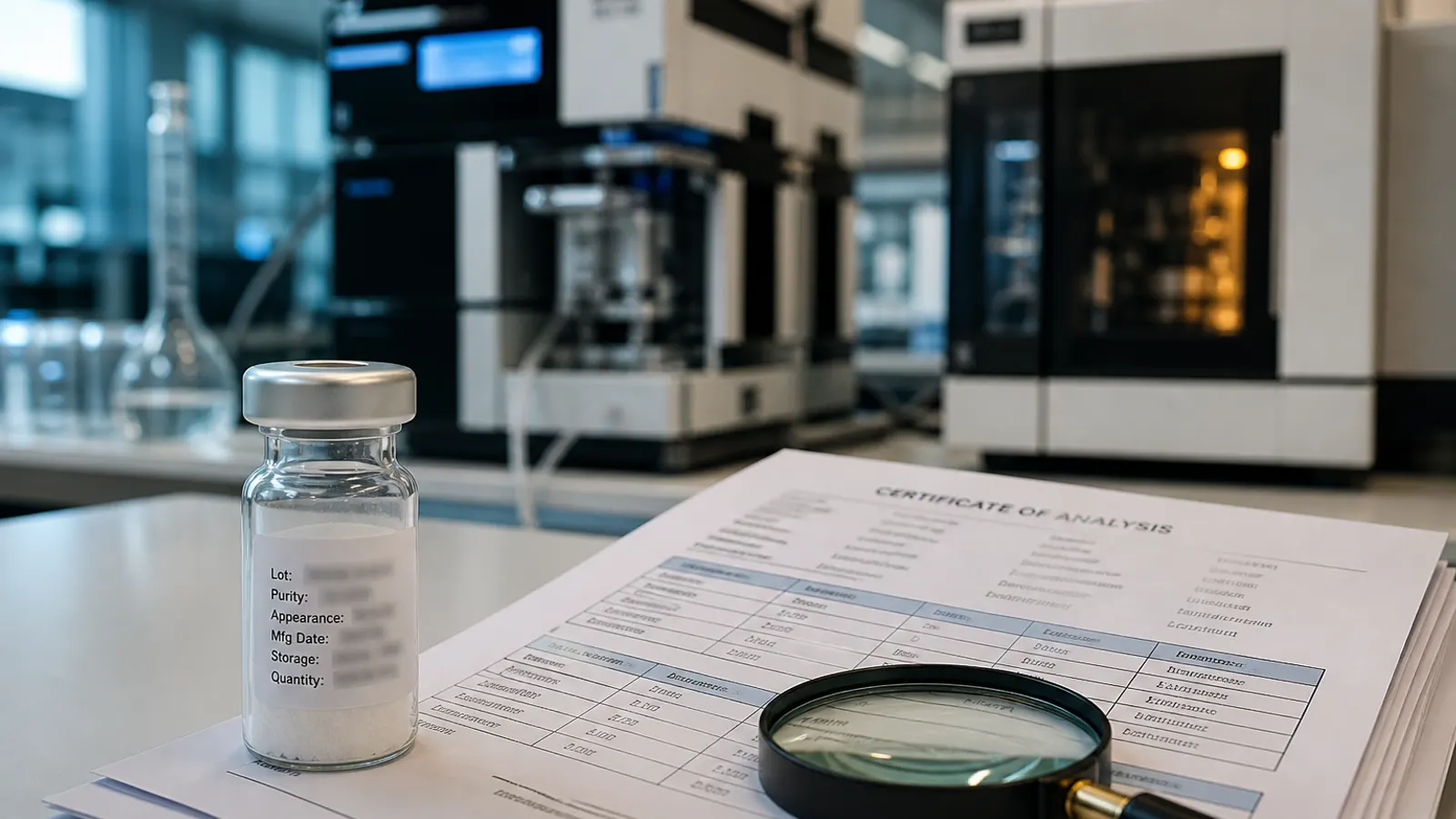 Analytical laboratory scene with peptide vial and Certificate of Analysis documents for batch verification