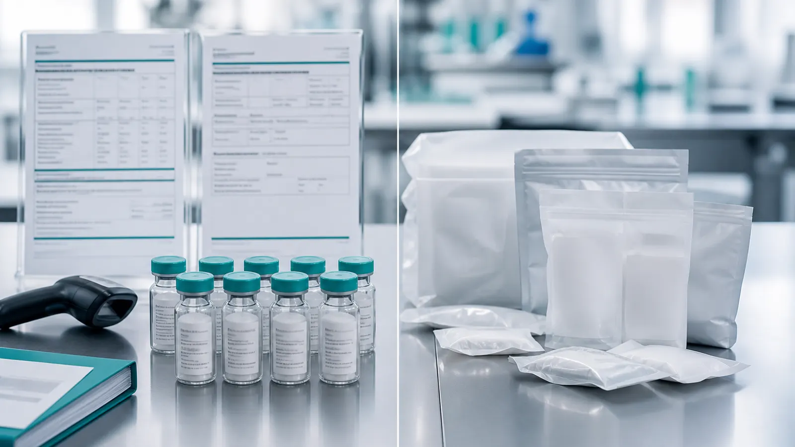 Lot-labeled research peptide vials beside Certificate of Analysis documents on a laboratory bench