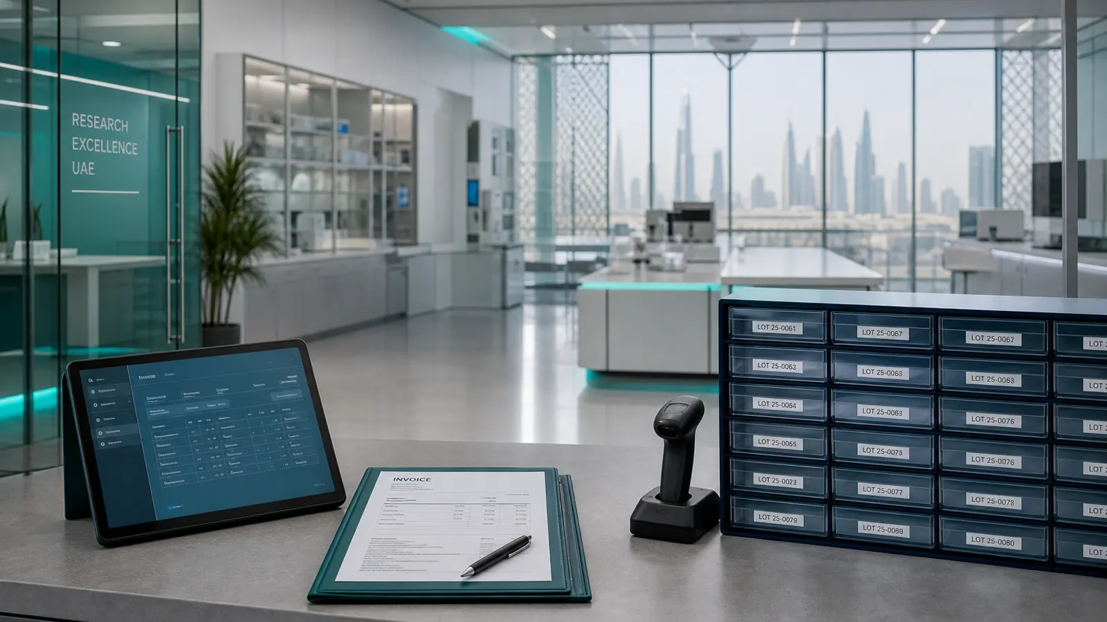Institutional research laboratory receiving area with lot-organized inventory and verification workflow