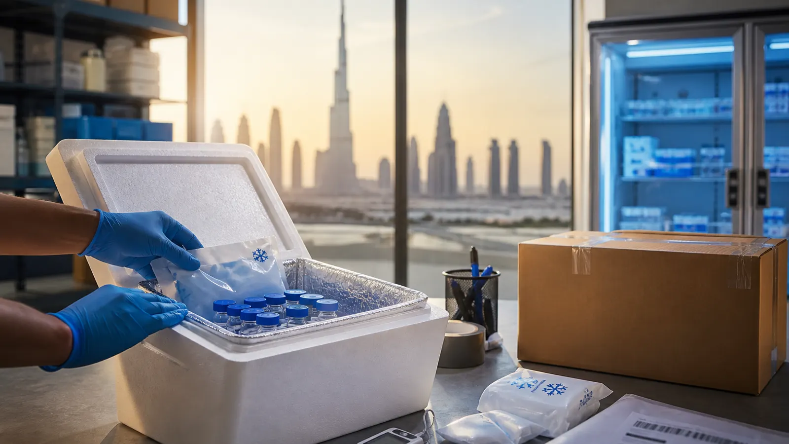 Cold-chain research peptide parcel prepared for UAE dispatch with Dubai skyline soft in the background