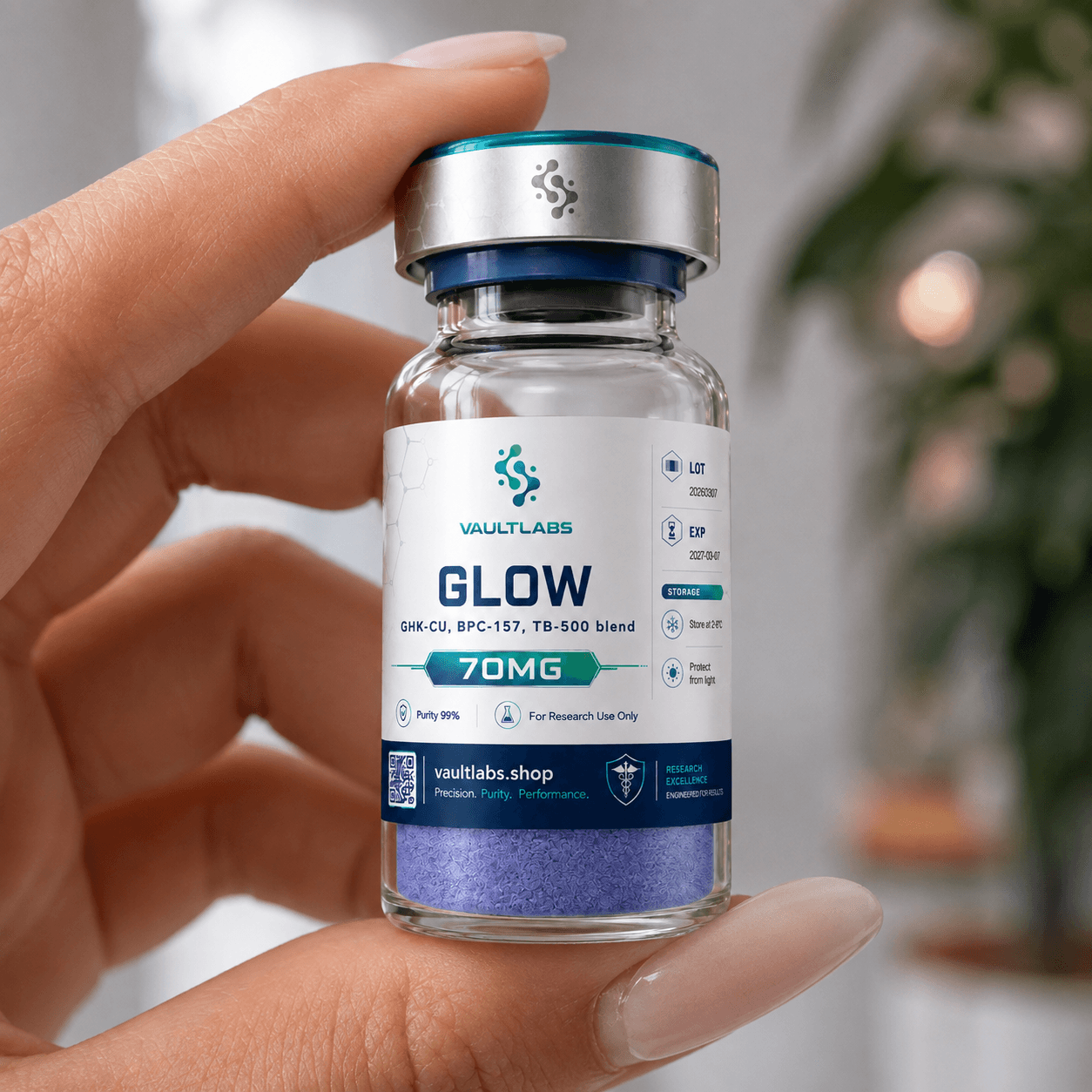 GLOW 70mg vial held in hand