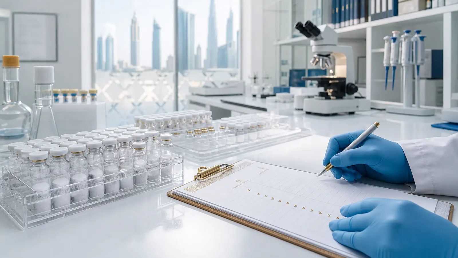 UAE research laboratory bench with lot-organized peptide vials and a supplier evaluation checklist