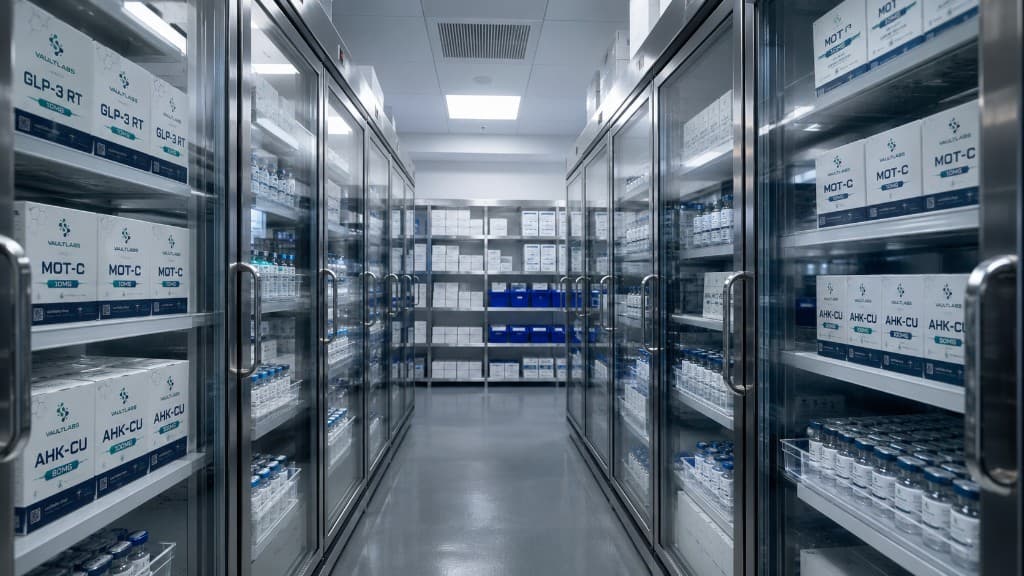 VaultLabs UAE lot-organized cold storage aisle for research peptides