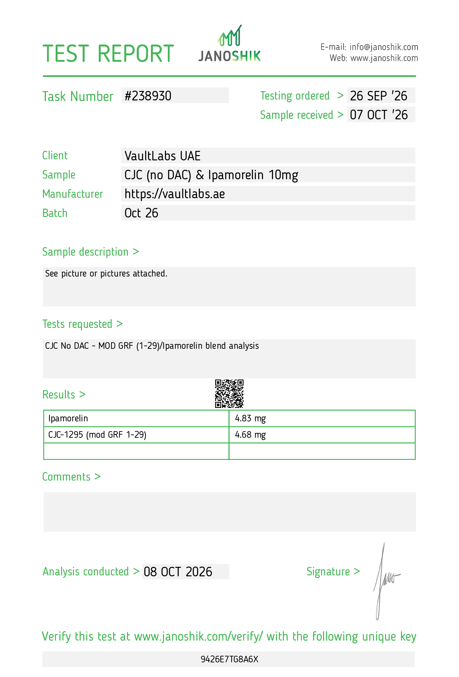 Janoshik test report 238930 for CJC-1295 (NO DAC) 5MG + IPAMORELIN 5MG, batch Oct 26